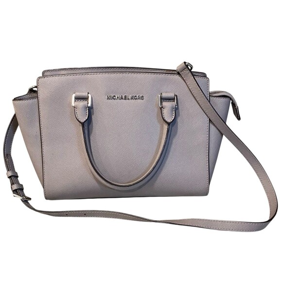Michael Kors Selma Medium Satchel Saffiano Leather Pearl Grey Crossbody Handbag - Picture 1 of 13